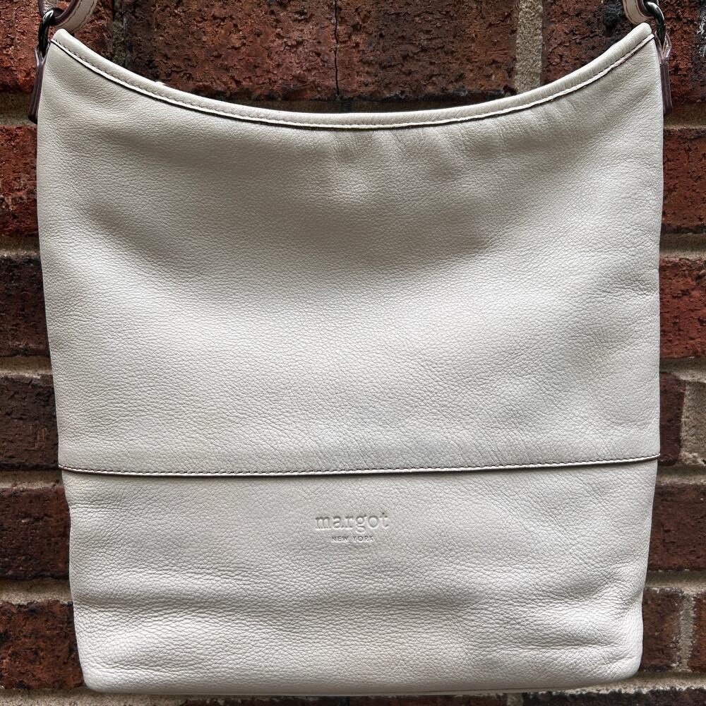 Margot New York Ivory Leather Crossbody Shoulder Bag Adjustable Strap Zip Hobo